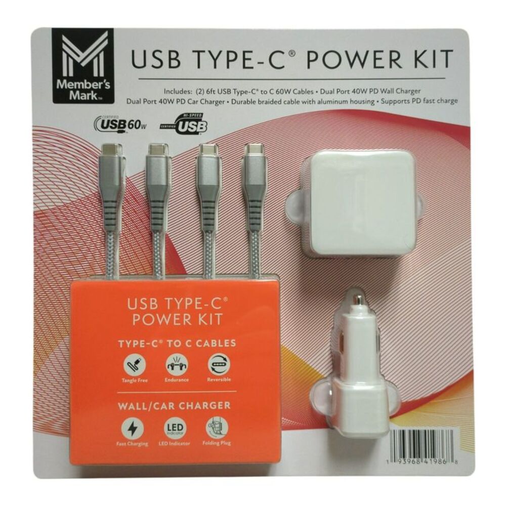 Member's Mark USB-C Cable Dual Port Wall Charger & Dual Port Car Charger Kit